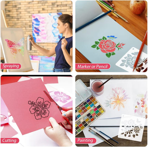 50 PCS Flower Painting Stencils Reusable Flower Stencils for Painting on Wood Rocks Canvas Fabric Glass Pottery 4x4 Inch...