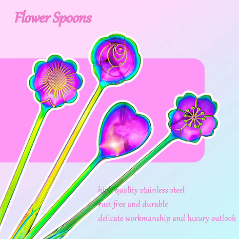 Flower Spoon Set of 4 PCS, LEEFONE 7" Flower Pattern Long Handle Spoon Stainless Steel Reusable Tea Scoops Stirring Spoon Ice Cream Spoon Coffee S...