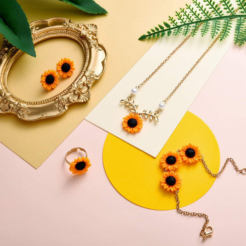 10 Pieces Sunflower Pendant Faux Pearl Chain Necklace Sunflower Charm Bracelet Earrings Ring Sunflower Hair Clip Sunflower Boho Headband Wreath fo...