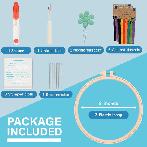The ZenStore Embroidery Starter Kit for Beginners. Learn 28 Different Stitches. Complete DIY, Includes 3 Hoops, 3 Stamped Patterns, Needles, Sciss...