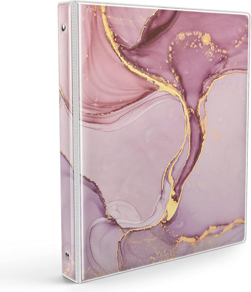 Pink Marble 3 Ring Binders 1 Inch Binder Organizer, Three Ring Binder with 2 Storage Pockets for Office Supplies...