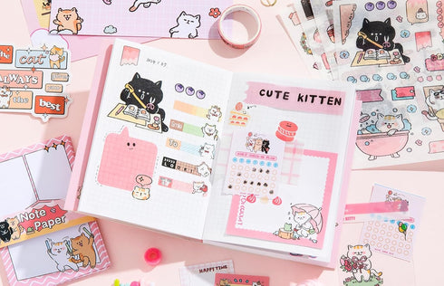 Draupnir Kawaii Pink Cute Cat Scrapbook Kit, Bullet Junk Journal Kit with Journaling/Scrapbooking Supplies, Stationery, A6 Grid Notebook Graph Rul...