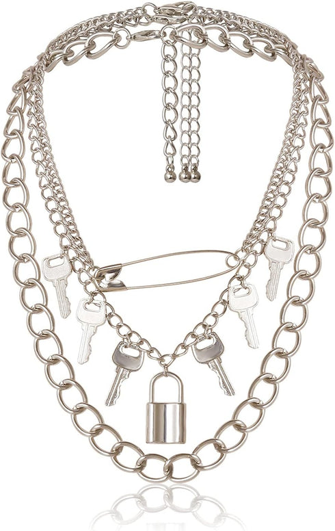 3-5Pcs Punk Layered Key Lock Chunky Chain Choker Necklace Set Gothic Stacking Safety Pin Spike Rivet Collar Necklace for Men Women Hip Hop Rock Co...