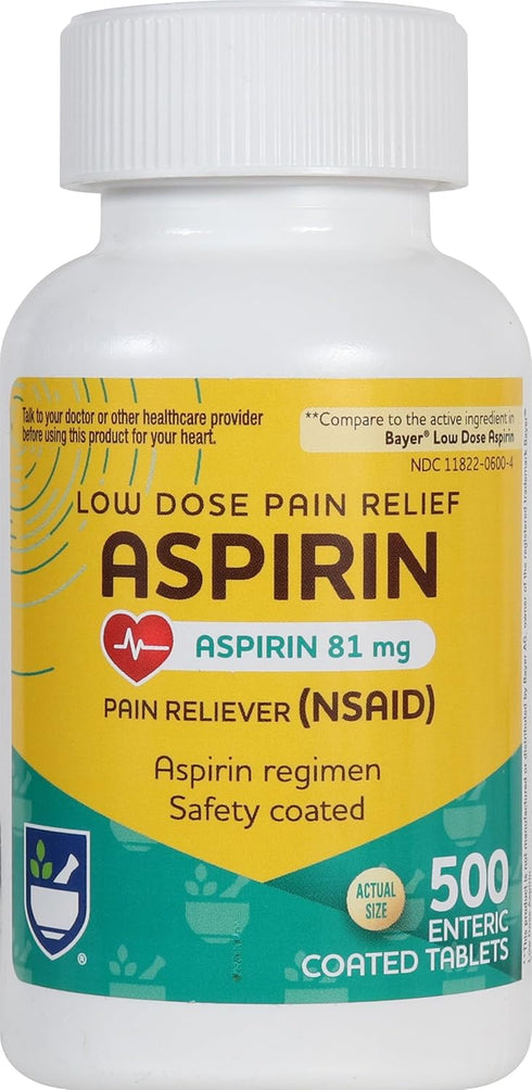 Rite Aid Aspirin Enteric Tablets - 81 mg Aspirin - 500 Count - Low-Dose for Headache Relief - Safety Coated - Aspirin Regimen - Migraine Medicine ...