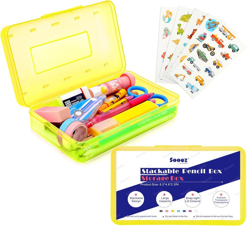 Sooez 1 Pack Clear Pencil Box, Plastic Hard Pencil Case with Stickers, Large Crayon Box with Snap-tight Lid, Stackable Storage Box Art Craft Marke...