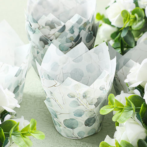 200 Pieces Green Tulip Cupcake Wrappers Liners Tulip for Baking Eucalyptus Cupcake Liners Mini Baby Shower Cupcake Baking Rustic Birthday Party De...
