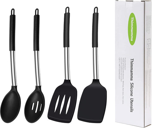 Silicone Spatula Spoon, 4 Pack Silicone Solid Turner Slotted Spatula and Kitchen Silicone Spoons Set for Cooking Baking, Heat Resistant BPA Free B...