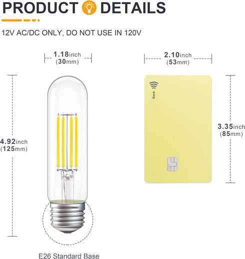 12V LED Light Bulbs - Daylight 5000K 4W(Only for 12 Volt DC/AC) - E26 Standard Base - 40W Equivalent Dimmable T10 Low Voltage Bulb for RV, 4 Pack...