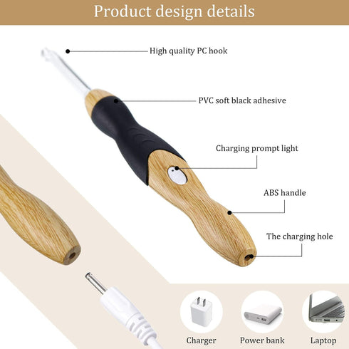 11 Sizes Lighted Crochet Hooks Set Rechargeable Crochet Hook Light Up Hooks with Case, Interchangeable Heads 2.5 mm to 8 mm for DIY Craft Supplies...