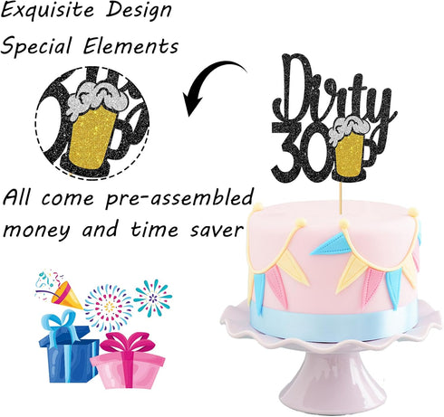 Maicaiffe Black Glitter Dirty 30 Cake Topper - Happy 30th Birthday Cake Topper - Cheers to 30 Years - 30th Birthday Cake Decorations...