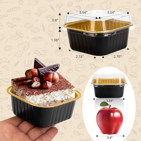 50 Pcs Mini Square Baking Cups with Lids,5oz Aluminum Foil Mini Cake Pans with Lids,Disposable Ramekins Cake Pans,150ml Dessert Cups Cupcake Pans ...