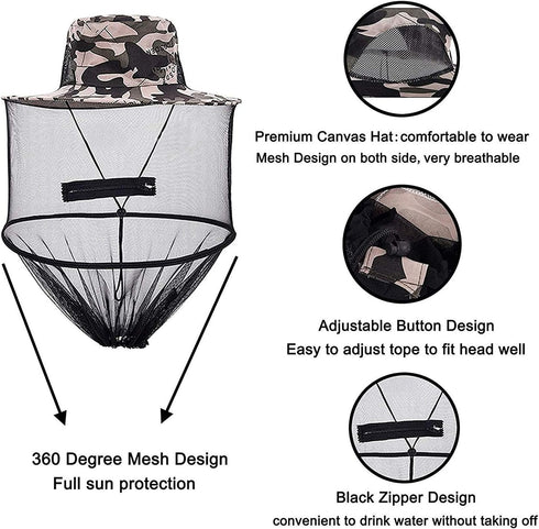 2 Pack Head Net Hat, Sun Hat Bucket Hat Fishing Hat with Hidden Net Mesh for Outdoor Lover Fishing Hiking Gardening Beekeeping Men or Women ArmyGr...