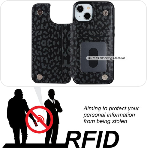HAOPINSH for iPhone 13/14 Wallet Case with Card Holder, Black Leopard Cheetah Pattern Back Flip Case PU Leather Kickstand Card Slots Case for Wome...