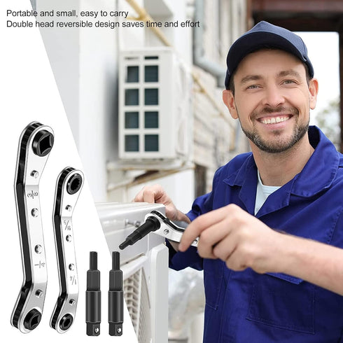 HVAC Service Wrench, 3/8” 1/4” 5/16” Refrigeration Service Wrench Set Air Conditioner Valve Ratchet Wrench with 2 Bit Adapter for Equipment Repair...