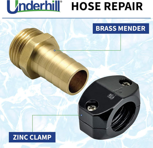 Underhill Garden Hose Repair Kit, Clamp Connectors, 5/8 Inch Clamps with Male Mender, Heavy-Duty Brass Fittings, Menders with Clamp, HR-58M...