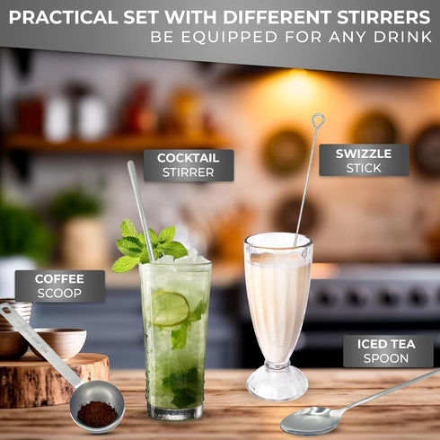 Stainless Steel Coffee Spoons - Beverage Mixing Spoons - Includes Long Iced Tea Stirring Spoon, Small Cocktail Stirrer, Blender Ball Swivel Stick,...