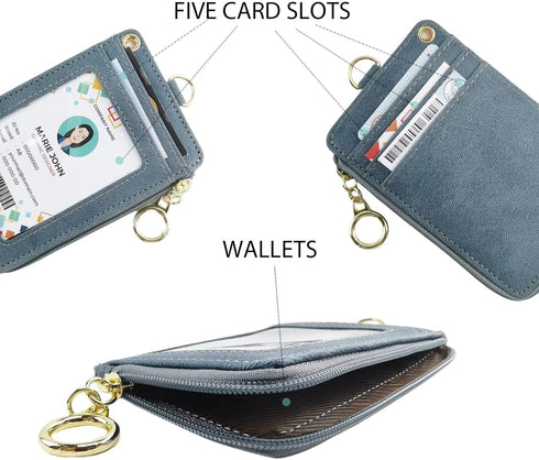 Black Lanyards for Id Badges, Pu Leather ID Badge Card Holder Wallet with 1 Clear ID Window, 4 Credit Card Slots, 1 Side Zipper Pocket,Wrist Strap...