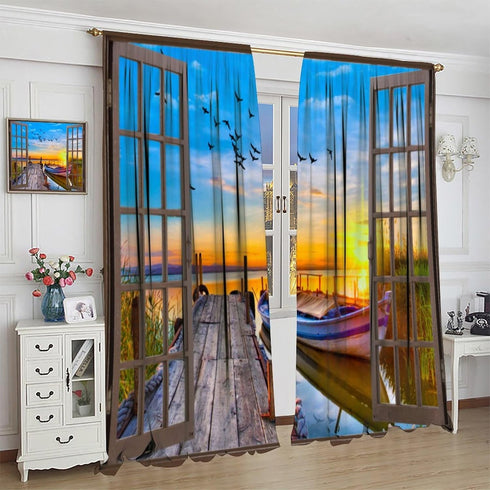 Lakeside Landscape Curtains, Rustic Style Bridge Boat Lake Nature 3D Landscape Scenery Prints Window Treatments Drapes for Bedroom Living Room 2-P...