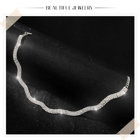 Rhinestone Choker Necklace Silver Crystal Necklaces Fashion Water Ripple Clavicle Chain Party Sparkly Adjustable Chain Jewerly for Women and Girls...