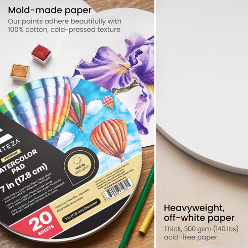 ARTEZA Watercolor Paper, 20 Sheets, 7 Inch Diameter Round Paper Pads, 140lb/300gsm, 100% Cotton, Cold Press, Acid Free Art Paper...