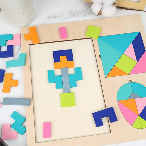 3 otters Wooden Puzzles Blocks, 3-in-1 Wooden Russian Blocks Geometric Tangram Montessori STEM Educational Toys Intelligence Brain Teasers Toy for...