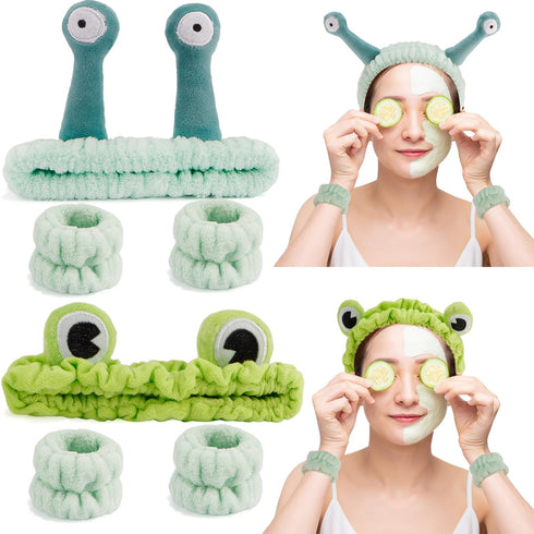 6Pcs Skincare Headbands Snail Spa Headband and Wristband Set Alien Headband Green Frog Face Wash Wristbands Cute Makeup Headband Hair Band for Was...