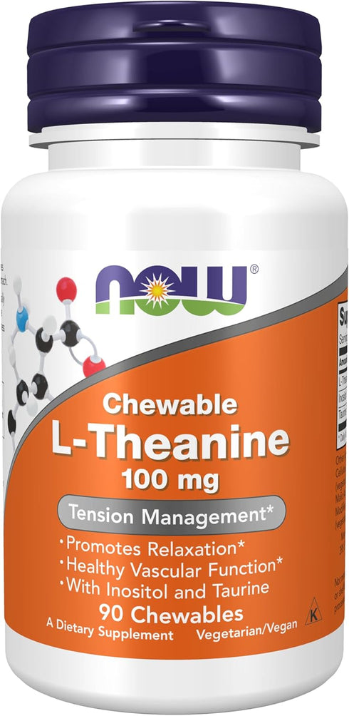 NOW Supplements, L-Theanine 100 mg with Inositol and Taurine, Tension Management*, 90 Chewables...