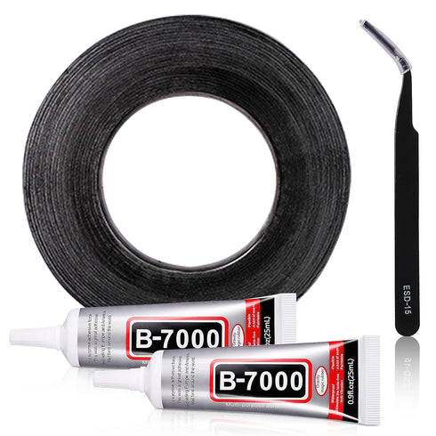 HQMaster 2mm x 50 m Adhesive Sticker Tape, Tweezers, B7000 Adhesive Glue for Use in Cell Phone Repair Double Sided Layer Strong Adhesive Tape Long...