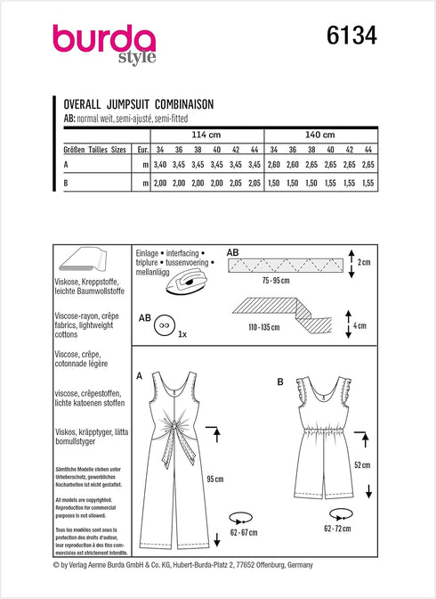 Burda Style Misses' Sleeveless Jumpsuit and Romper, Code 6134 Sewing Pattern Kit, Sizes 8-18, Multicolor...
