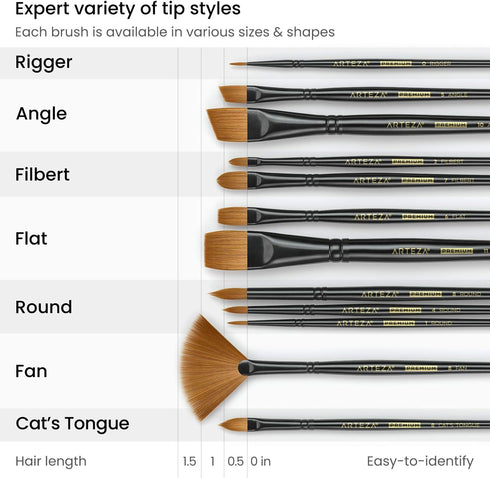 ARTEZA Paint Brushes, Set of 12, Premium Synthetic Brushes with Brass Ferrules & Wooden Handles...