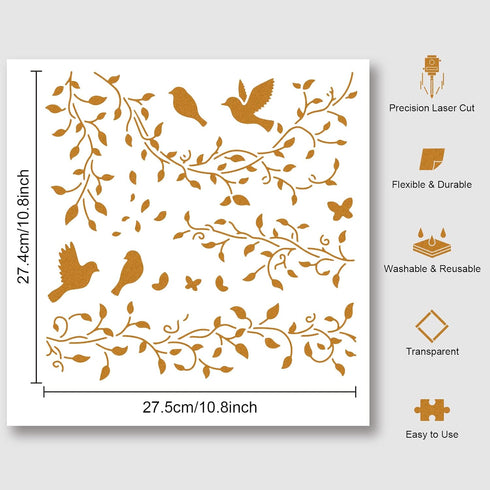 NBEADS Vines Birds Stencil, Spring Stencils Reusable Plant Plastic Stencils DIY Art and Craft Stencils 11.8×11.8 Inch for Painting on Wood Canvas ...