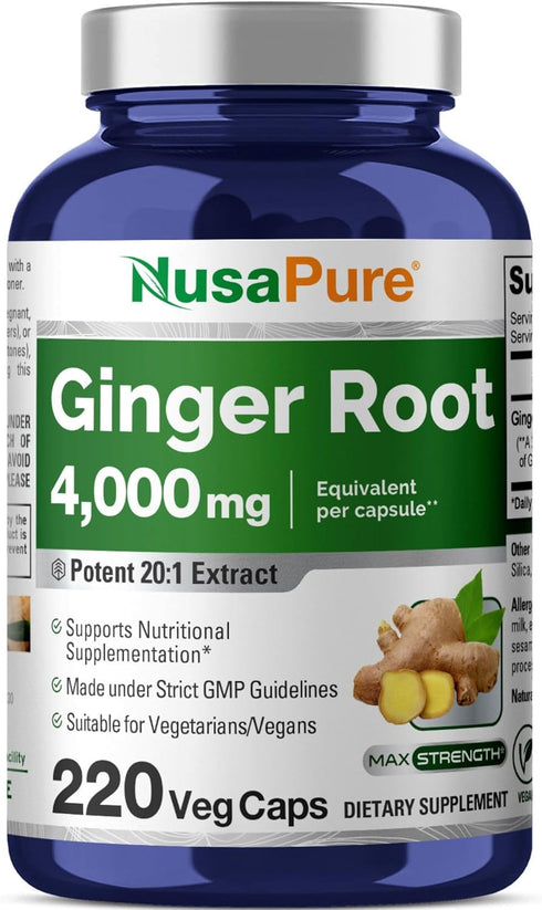 NusaPure Ginger Root Capsules 4000 mg per Veggie Caps | 220 Count | Non-GMO | 20:1 Extract...