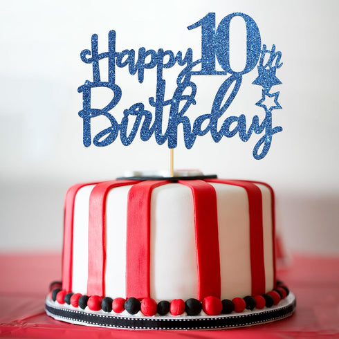 Royal Blue Glitter Happy 10th Birthday Cake Topper - 10 Sign Cake Topper - Cheers to 10 Years Party Supplies - 10th Birthday Party Decorations...