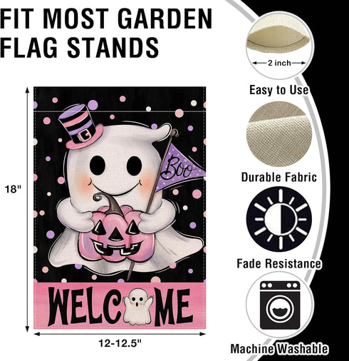 Welcome Halloween Spooky Ghost Boo Small Decorative Garden Flag, Pink Jack O Lantern Pumpkin Polka Dot Yard Lawn Outside Decor, Funny Holiday Burl...