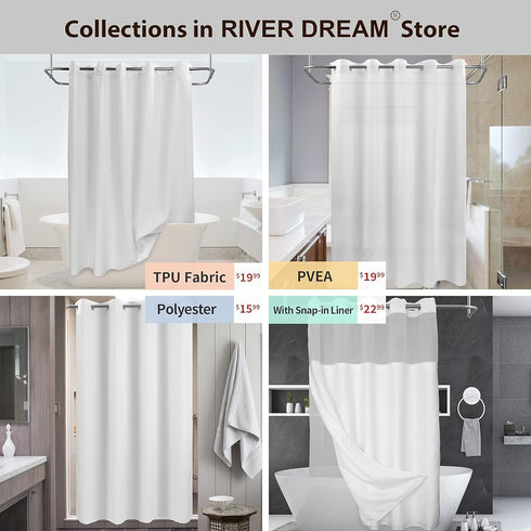 River Dream No Hook Hotel Cloth Shower Curtain Microfiber - Waterproof Soft Washable Fabric Shower Curtain or Liner with Magnets, White, Standard ...