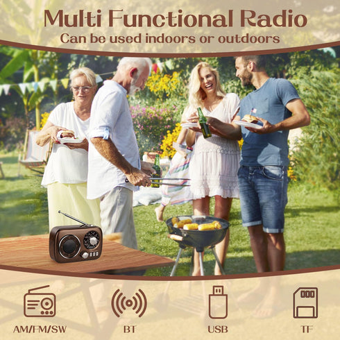 Gelielim Portable Radio AM FM, Bluetooth Speaker Retro Radio, Support USB/TF Card, Rechargeable Battery Operated, Suitable for Indoor&Outdoor, Gif...