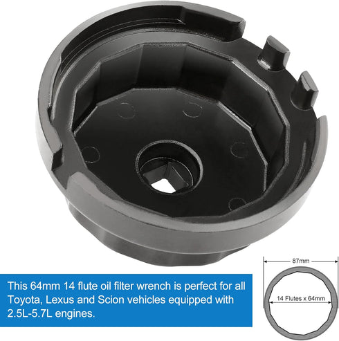 Oil Filter Wrench for Toyota and Lexus - Fits 2.5-5.7L Engines with 64mm Cartridge Style Oil Filter System - 4 Slots for Easy Removal...