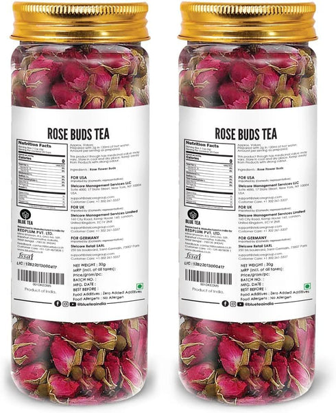 BLUE TEA - Rose Buds Tea - 1.05 Oz (Pack of 2) 60 Cups - Loose | Rich in Vitamin-C - For Hair & Skin | Caffeine Free - Flower Based - Herbal Tea -...