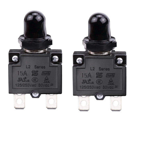 15 Amps Push Button Circuit Breakers, AC 125/250V DC 50V Thermal Overload Protector with Quick Connect Terminals and Waterproof Button Black Cap, ...