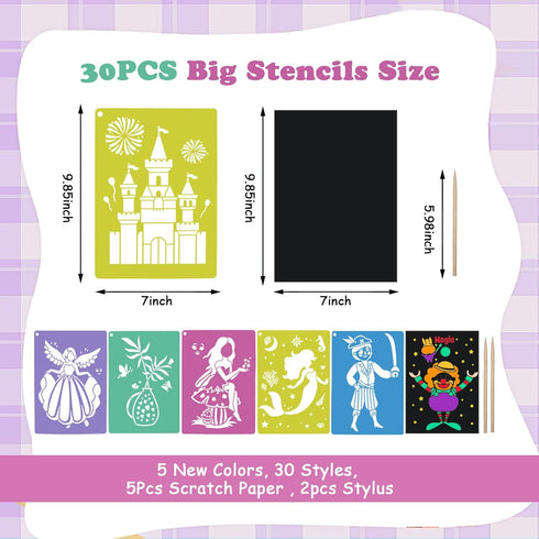 30 Pieces Stencils for Kids with 5 Pcs Scratch Paper, 7 x 9.85 Inch Large Sidewalk Chalk Stencils, Princesses Fairies Themed Primary Shape Stencil...