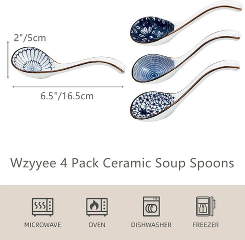 Asian Soup Spoons Set, Ceramic Soup Spoon Japanese Pho Miso Ramen Curries Spoons,Chinese Large Spoons Soup for Woton Noodles Dumpling Rice, Korean...