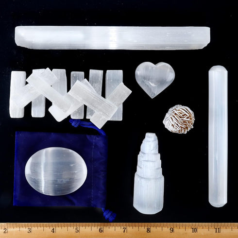 DANCING BEAR Selenite Protection Collection (22 pc Set): 12-15 Sticks (1.5-2”), Palm Stone, Heart, Tower, 8" Stick, 5.5" Massage Wand, and Desert ...