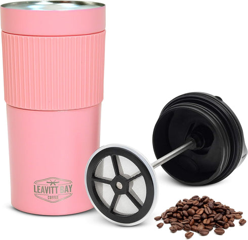Portable French Press Travel Mug (15oz) - Stainless Steel & Double Wall Vacuum Pink Coffee Maker – Single Serve French Press for Travel, Home, Off...