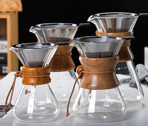 Pour Over Coffee Maker with Reusable Stainless Steel Drip Filter, Lead-Free Borosilicate Glass Coffee Carafe with Modern Wooden Collar for 1-2Cup,...