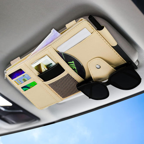 Car Sun Visor Organizer, Leather Pocket Organizer Sunglass Holder for Car Interior Accessories with Multi-Pocket Net Zipper (Beige)...