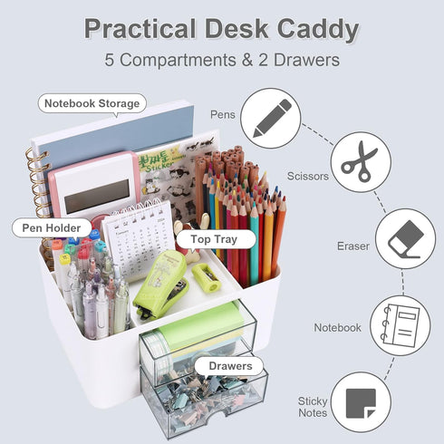 Plastic Pen Organizer, Multifunctional Desk Organizer with 2 Drawers, 4 Compartments & a Top Tray, Pencil Holder Desktop Organizers and Accessorie...