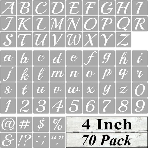 4 Inch Alphabet Letter Stencils for Painting - 70 Pack Letter and Number Stencil Templates with Signs for Painting on Wood, Reusable Cursive Lette...