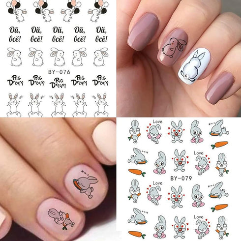 12 Sheets Bunny Nail Art Stickers Easter Water Transfer Nail Decals Cute Rabbit Cartoon Nail Design Abstract Line Rabbit Nail Sticker Easter Nail ...