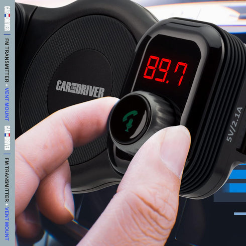 Car and Driver Bluetooth FM Transmitter | Car Vent Phone Mount Featuring Streaming Audio, TF Card Slot, Hands-Free Calling, USB Charging, Siri Com...
