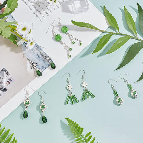 SUNNYCLUE 1 Box DIY 10 Pairs St Patrick's Day Earring Making Kit Green Theme Earrings Four-Leaf C Shamrock Peandant Charms Crystal Beads for Earri...